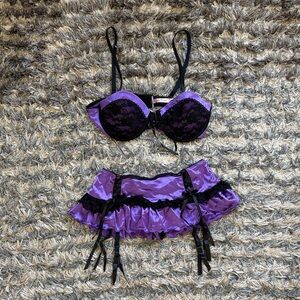 Native Intimates Purple Satin Bra and Garter Skirt Set with Black Lace 34B
